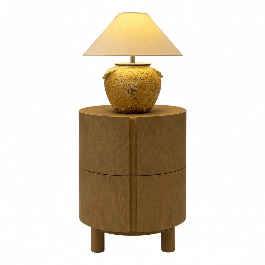 Round Wooden Nightstand with Ceramic Lamp