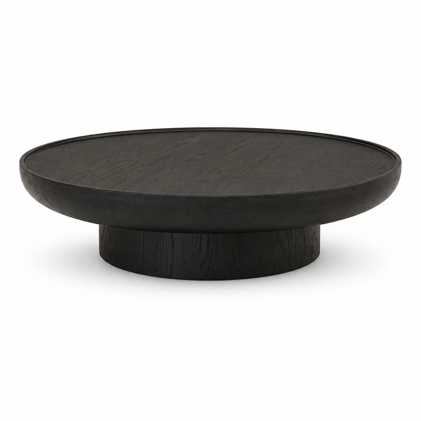 Round Black Wood Coffee Table with Pedestal Base