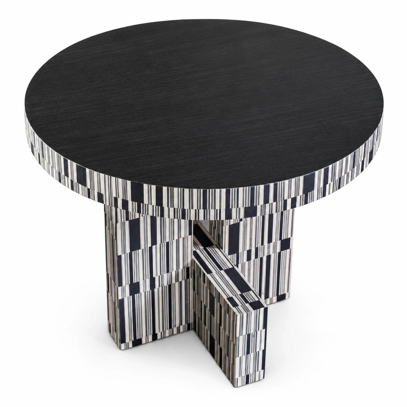 Round Coffee Table with Striped Base and Dark Wood Top