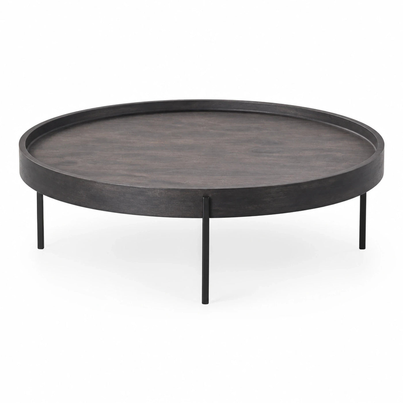Round Dark Wood Coffee Table with Metal Legs