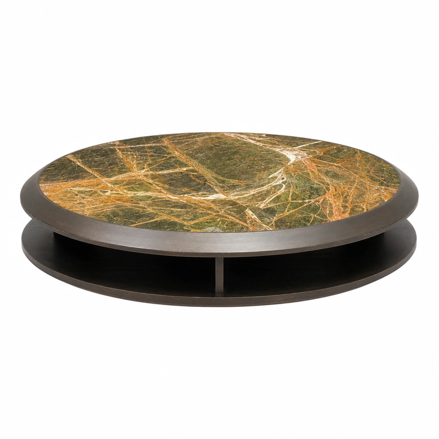Linear Round Green Marble Coffee Table with Dark Wood Base Coffee Tables & End Tables