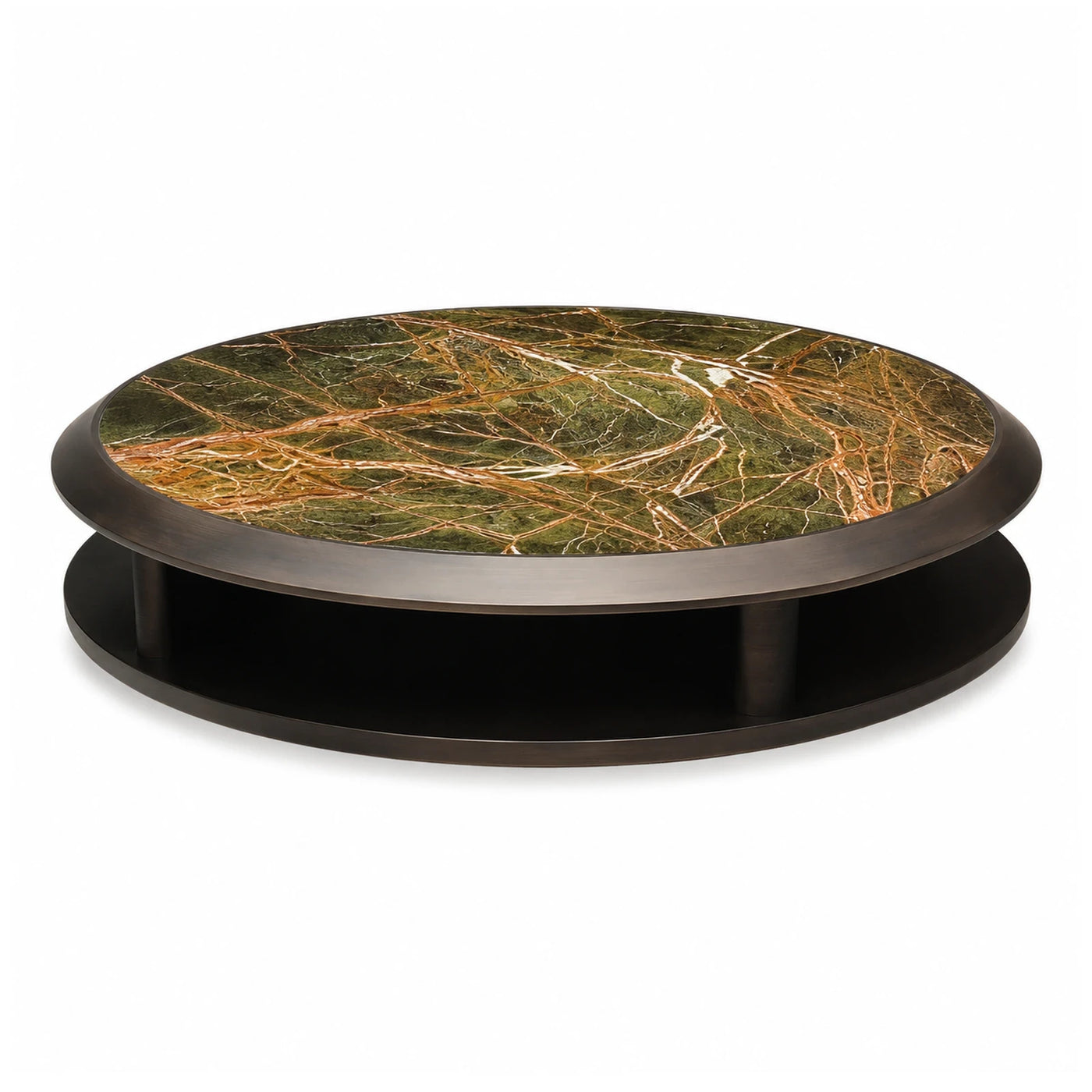 Wide Plank Round Green Marble Coffee Table with Dark Wood Base Coffee Tables & End Tables