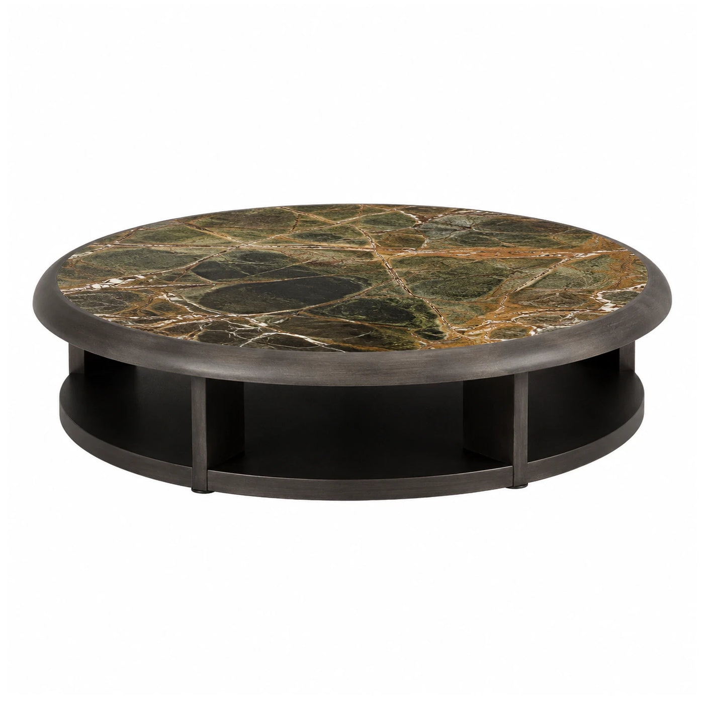 Round Green Marble Top Coffee Table with Dark Wood Base