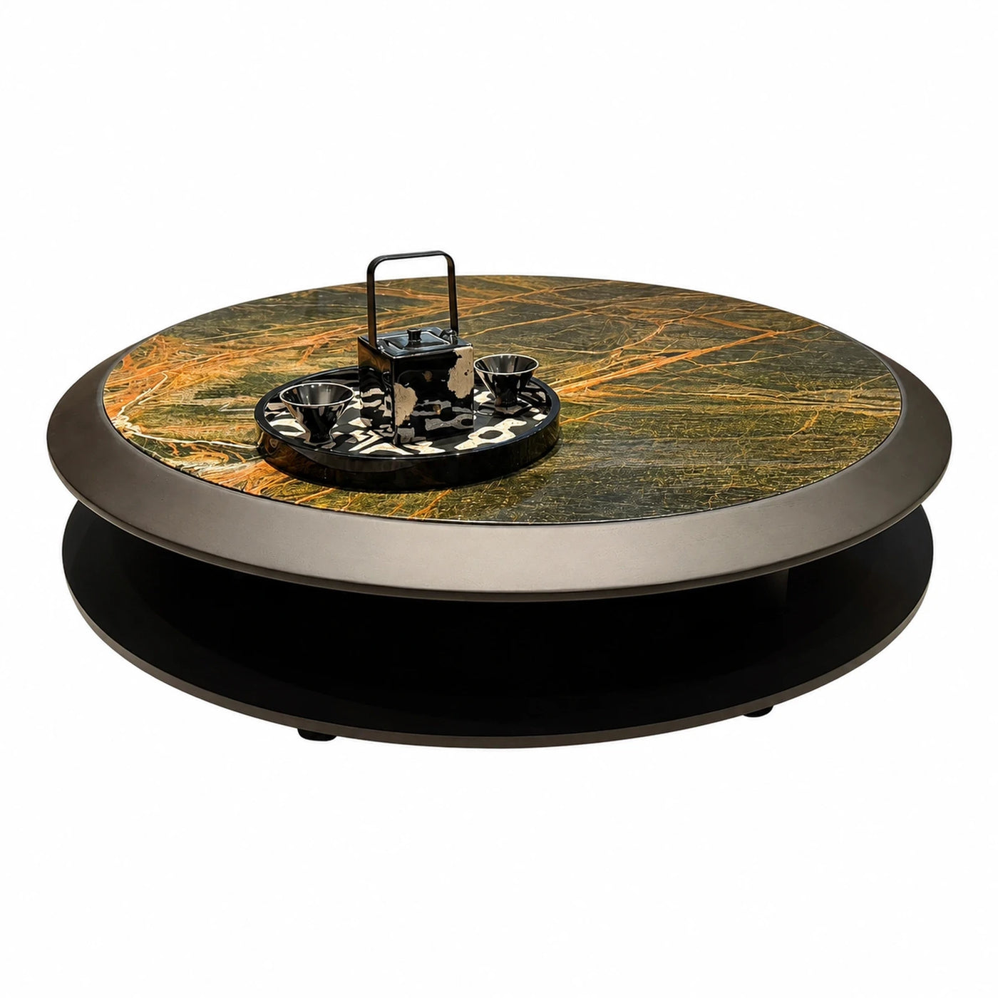 Round Coffee Table with Green Marble Top and Metal Base