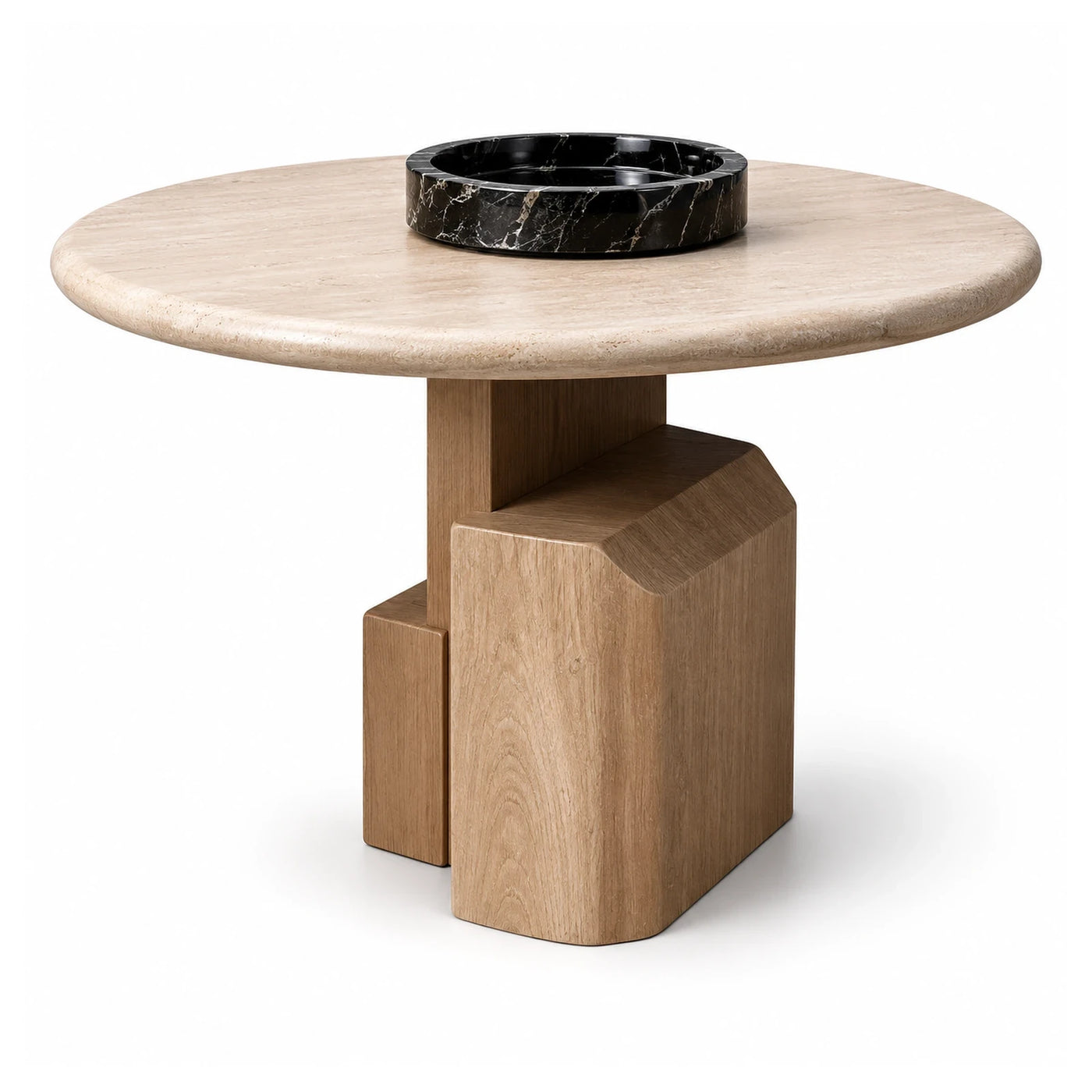 Round Stone Top Coffee Table with Black Marble Bowl