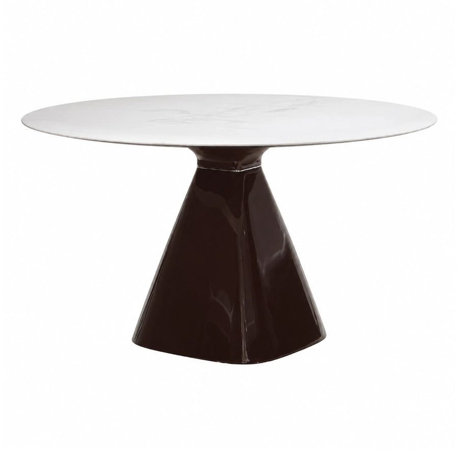 Round White Marble Top Dining Table with Dark Glossy Pedestal Base