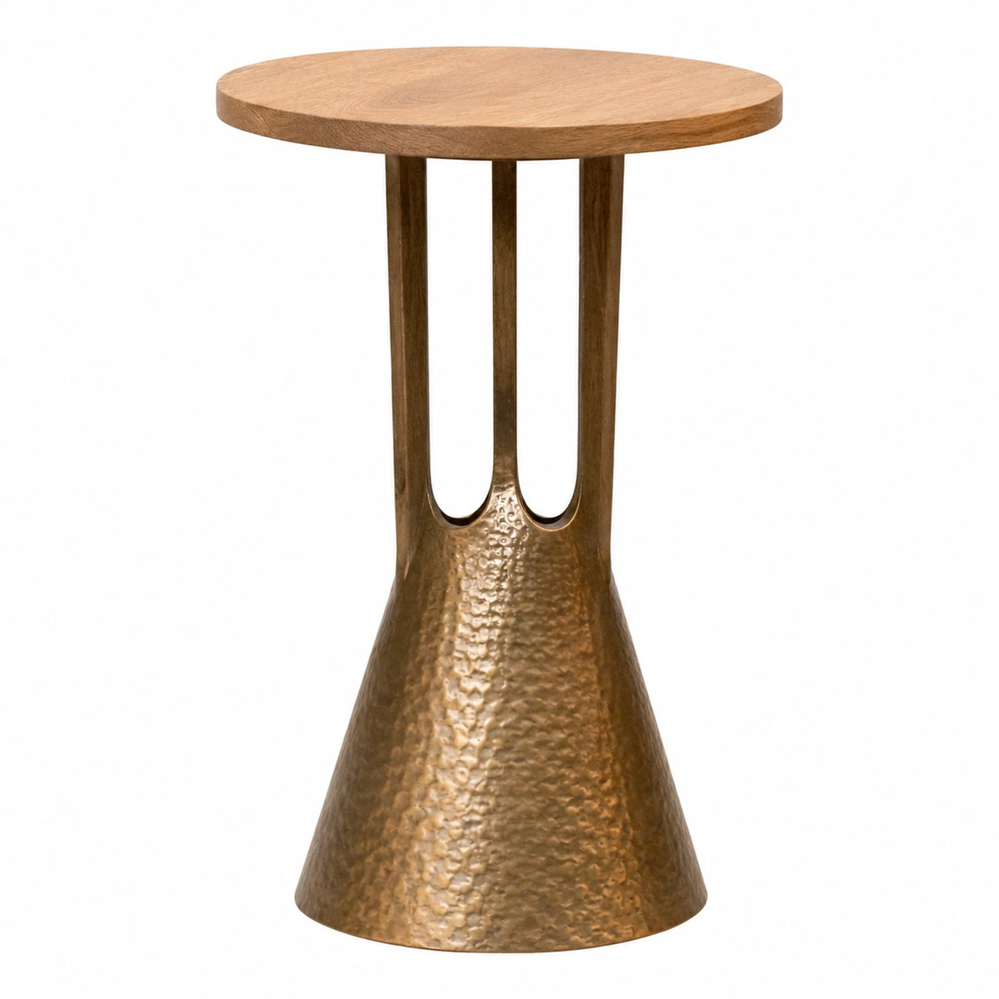 Round Wood Top Hammered Brass Side Table