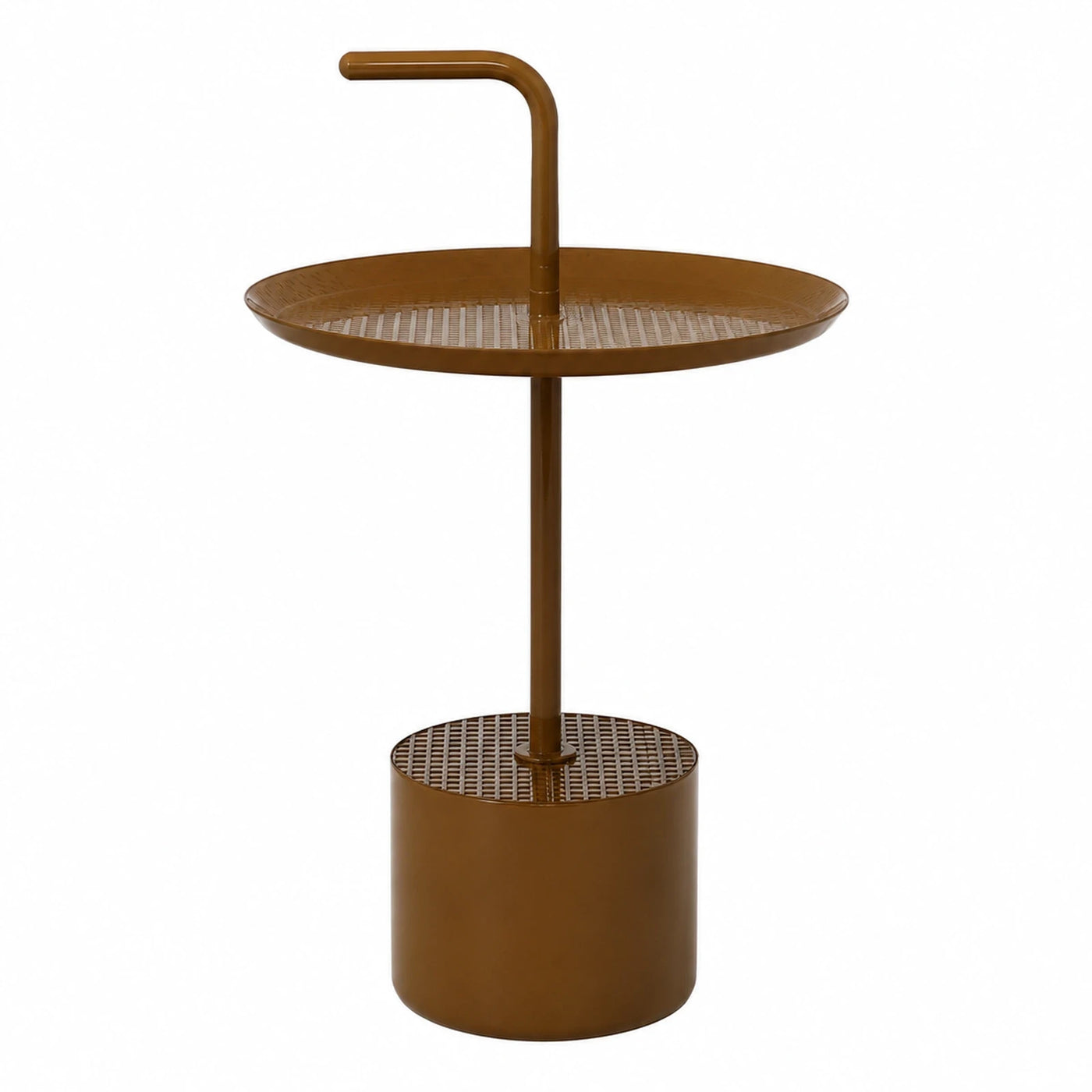 Brown Metal Side Table with Perforated Tray and Handle