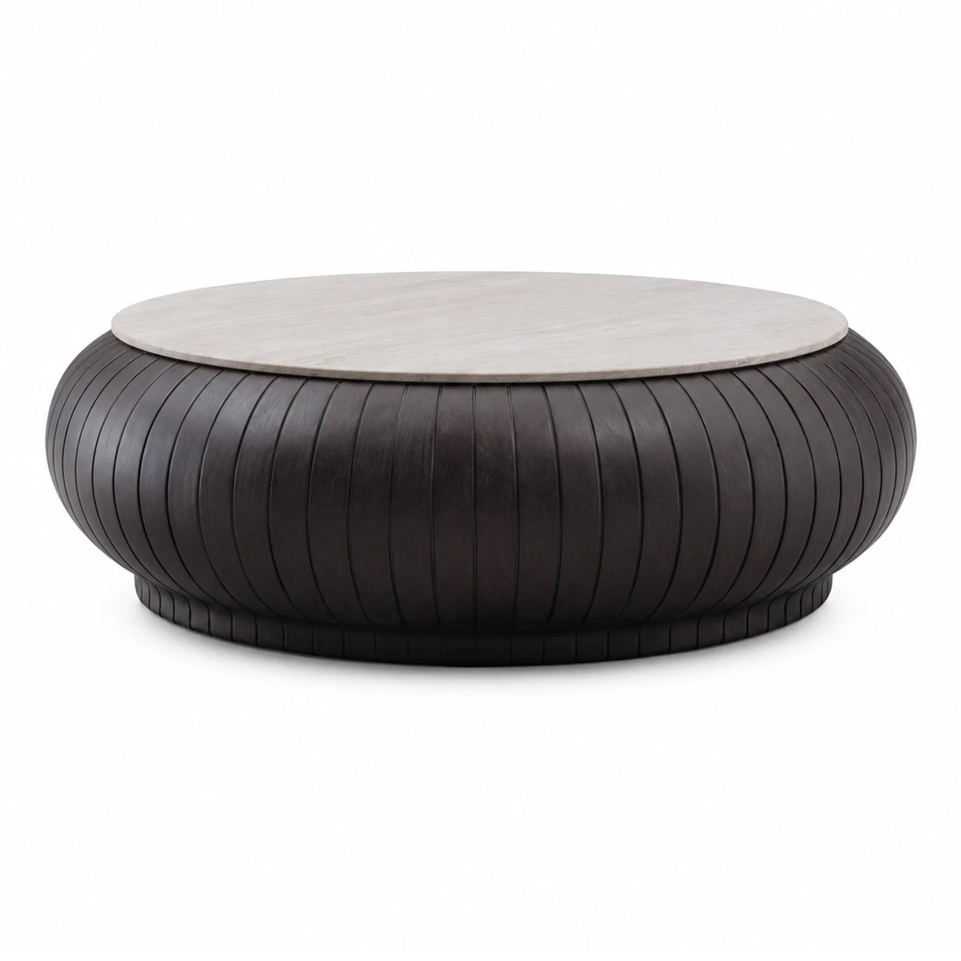 Round Fluted Wood Coffee Table with Stone Top