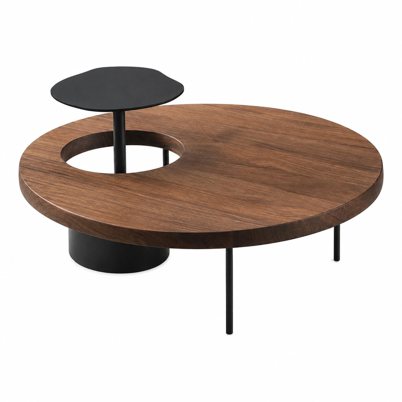 Round Walnut Coffee Table with Black Metal Side Table