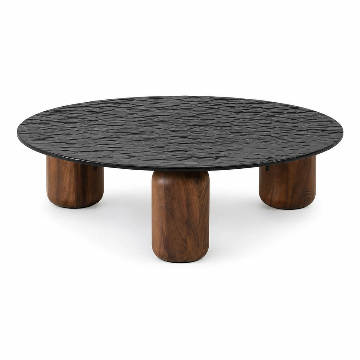 Round Black Textured Top Coffee Table with Wood Legs