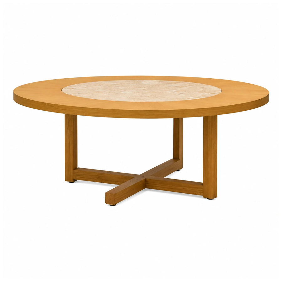 Round Wooden Dining Table with Marble Inlay
