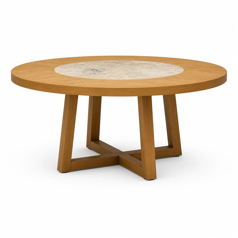 Round Wood Dining Table with Marble Inlay