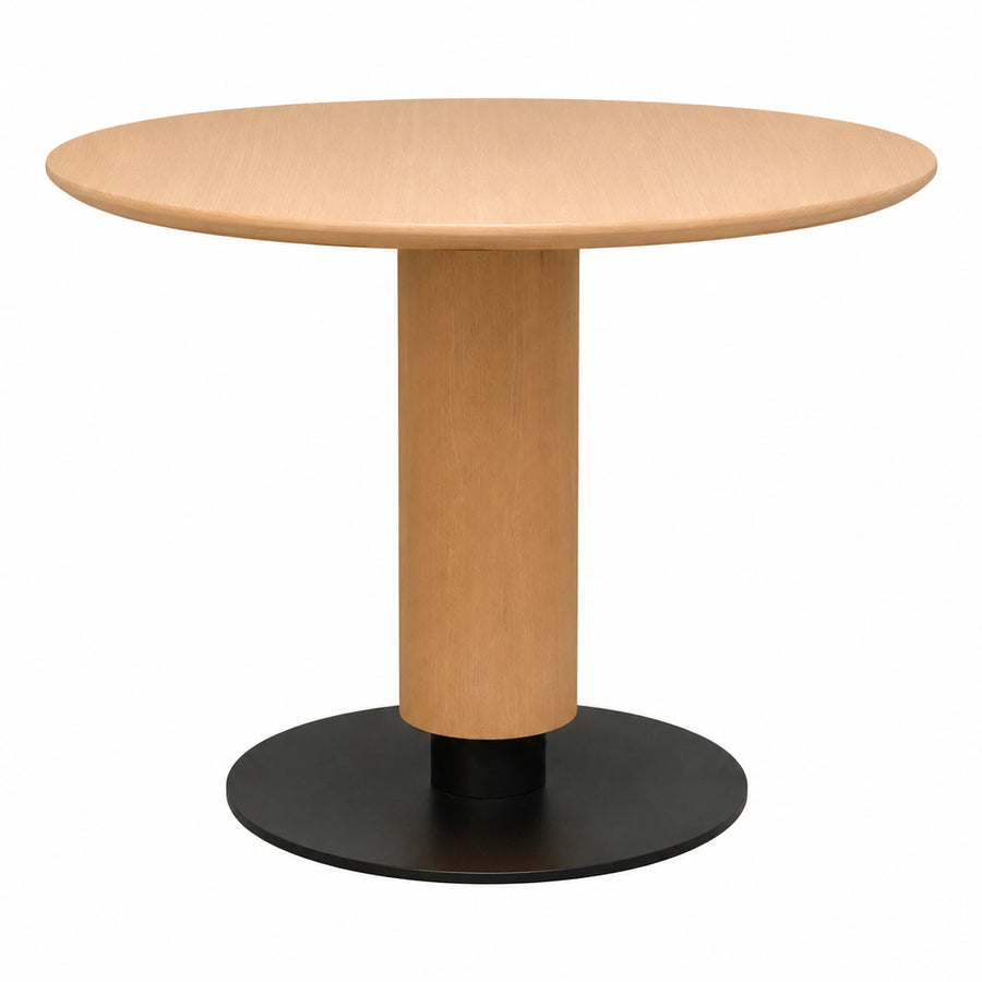 Wide Plank Round Pedestal Dining Table Light Wood Black Base Dining Tables & Seating