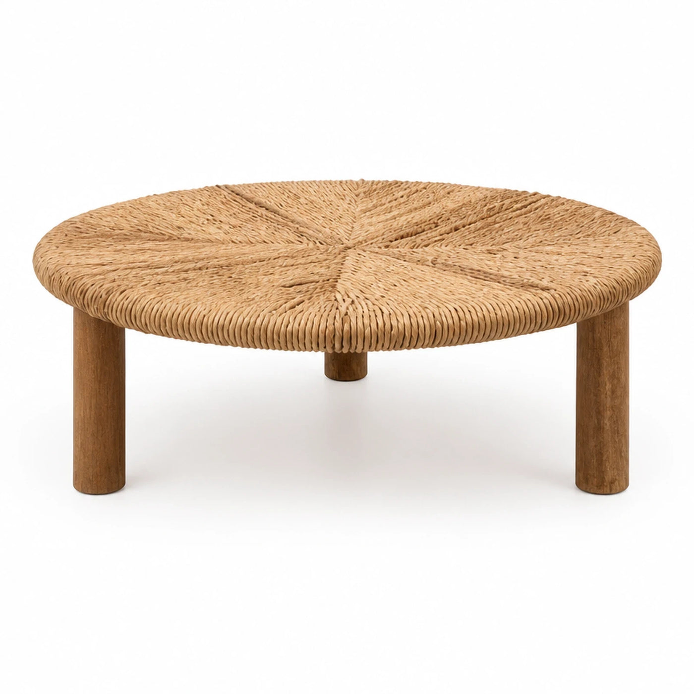 Round Woven Rattan Coffee Table with Wooden Legs
