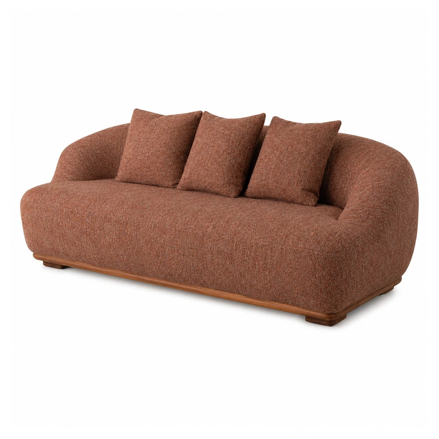 Curved Brown Fabric Sofa with Wooden Base