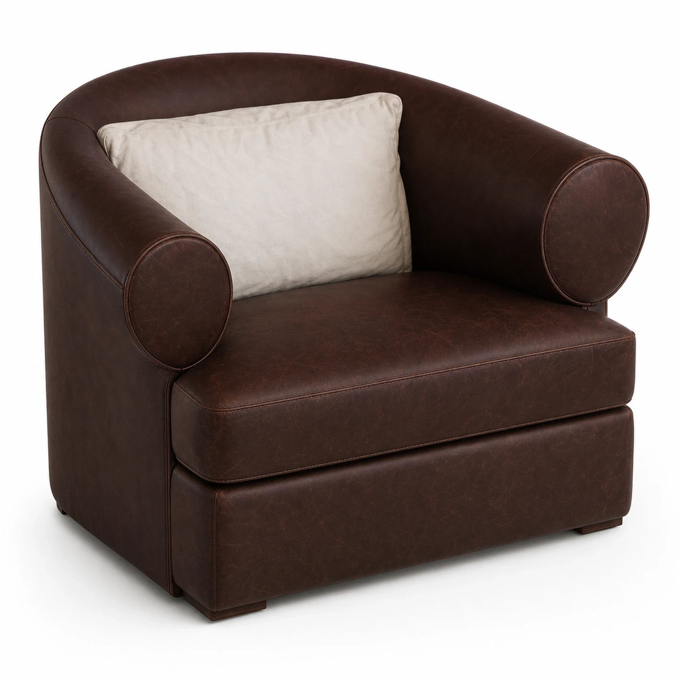 Brown Leather Tub Armchair with Beige Cushion
