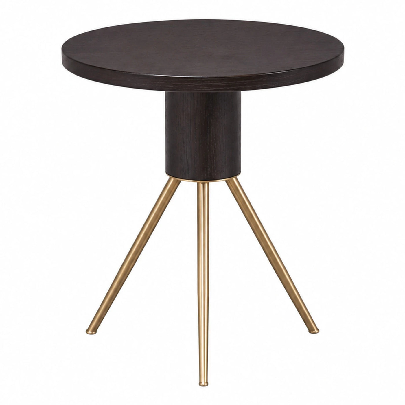 Round Dark Wood Side Table with Gold Metal Legs