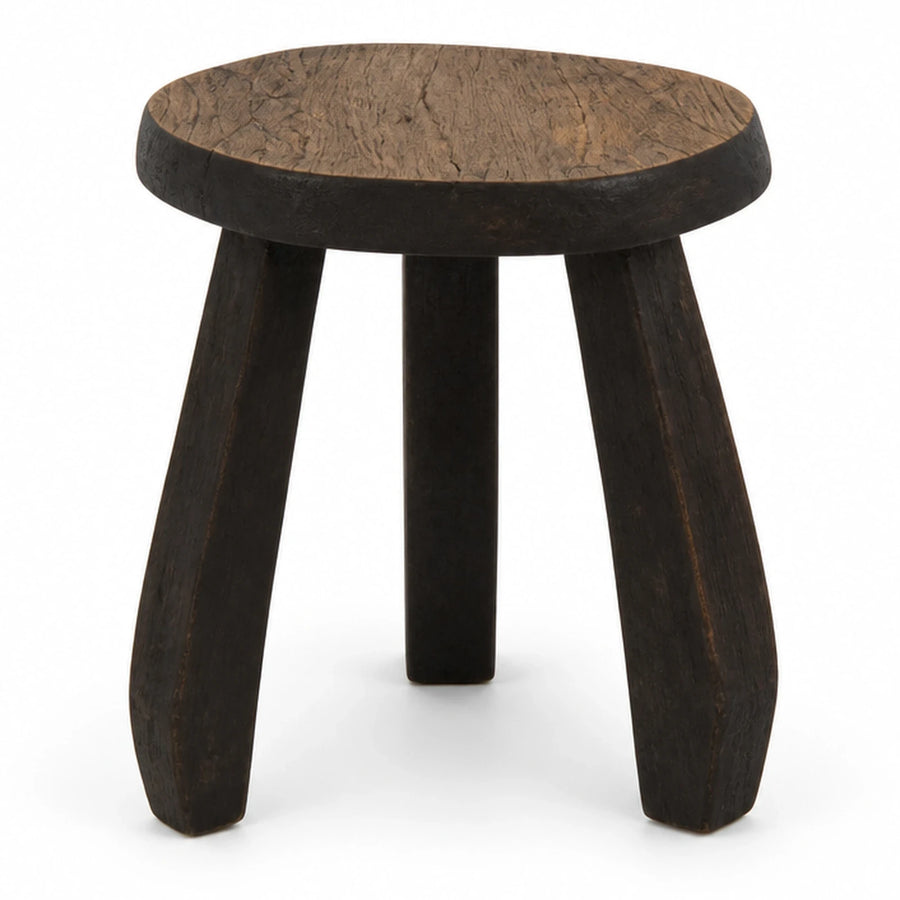 Dark Wood Round Stool with Textured Seat