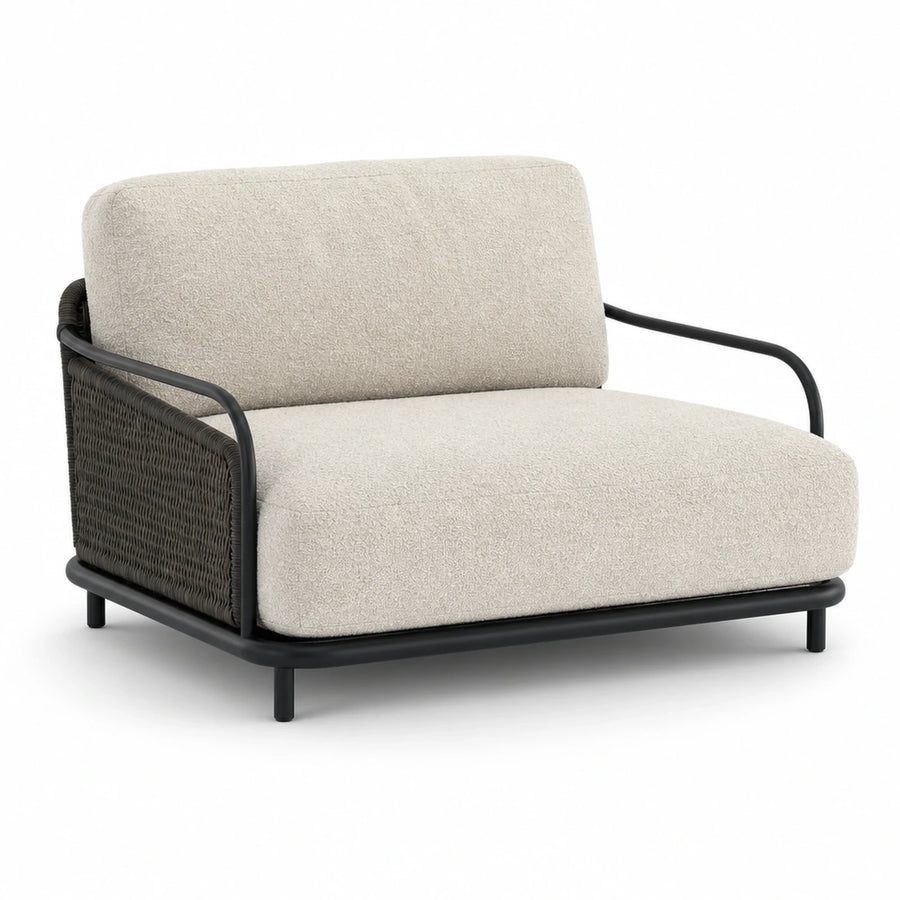 Cream Boucle Loveseat with Black Metal Frame and Woven Side Panels