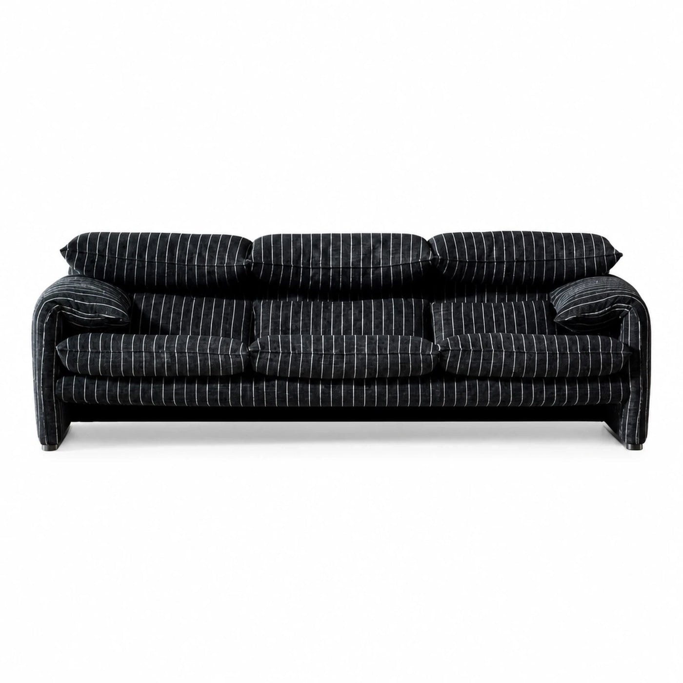 Black Pinstripe Three-Seater Sofa with Plush Cushions