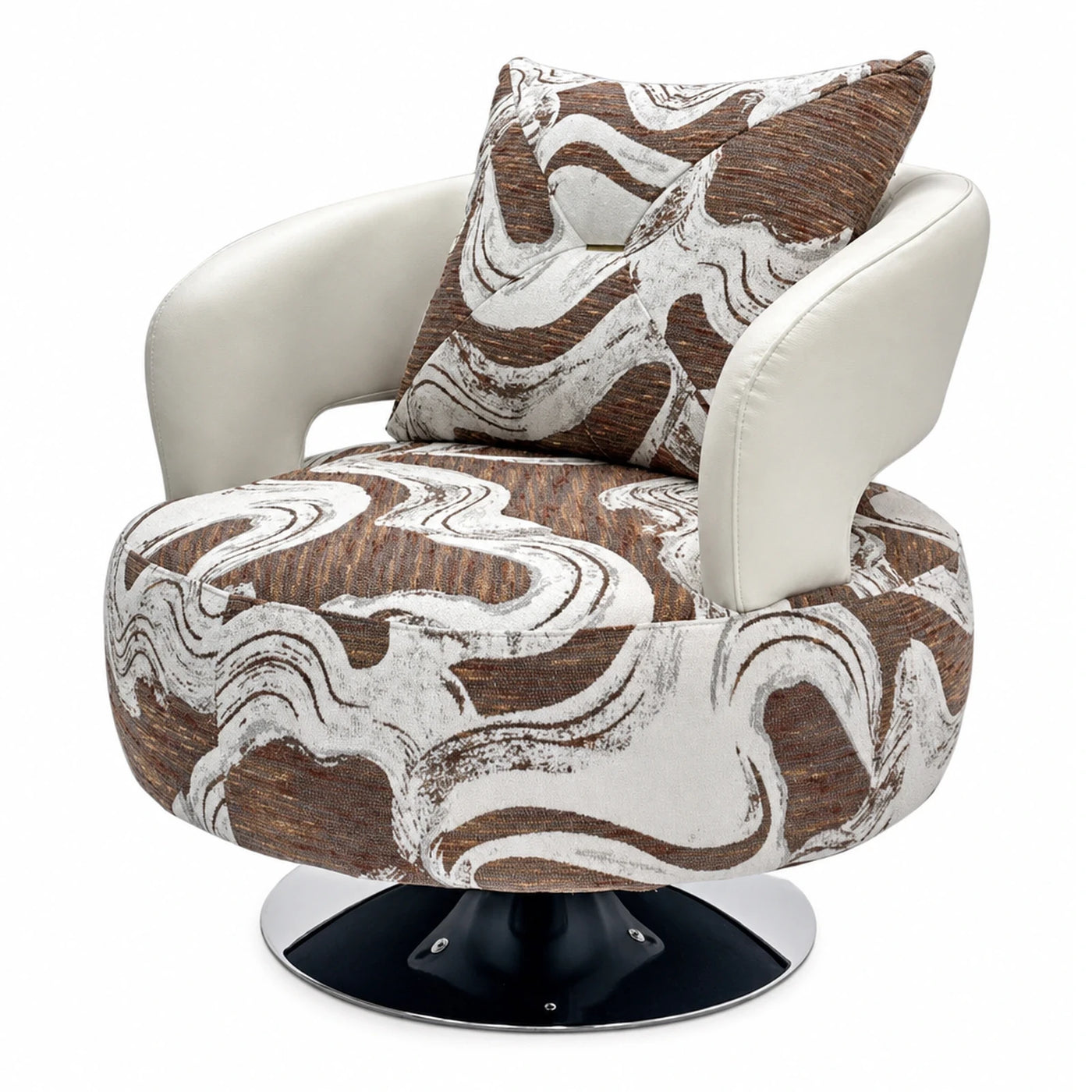Modern Swivel Lounge Chair with Abstract Patterned Fabric and White Leather Arms