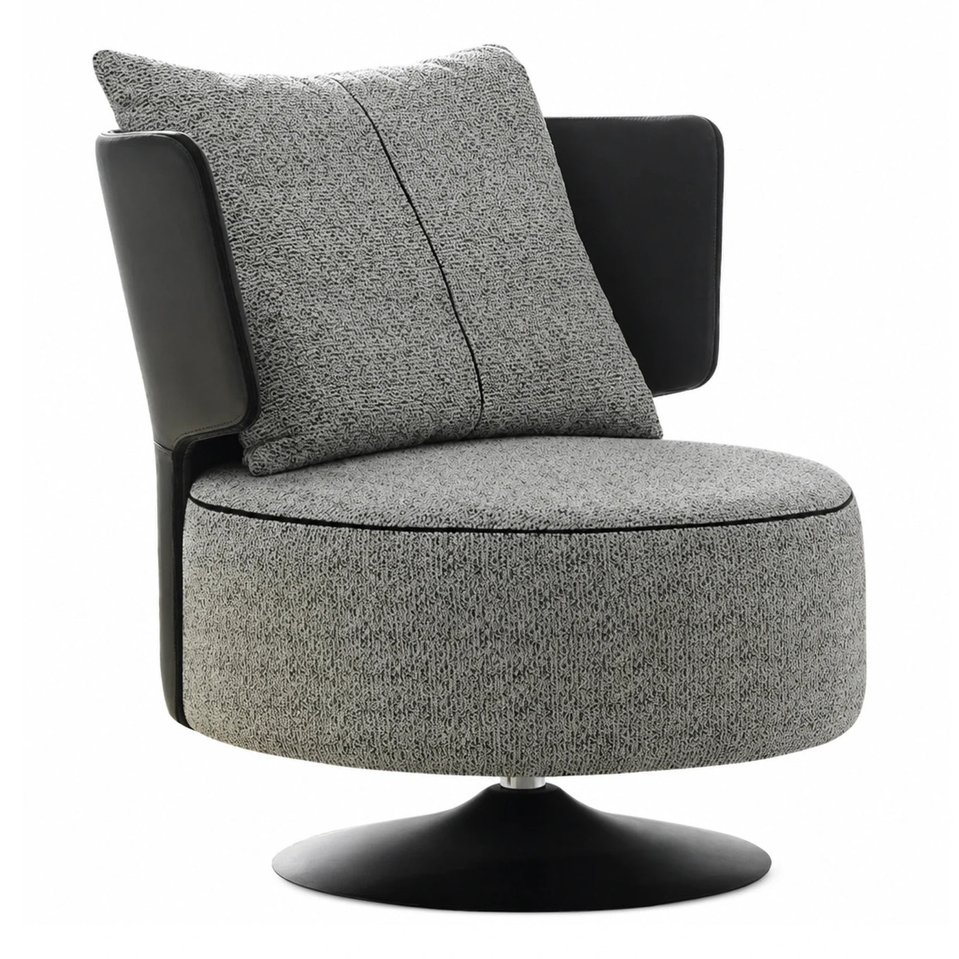Grey Boucle Swivel Lounge Chair with Black Leather Arms