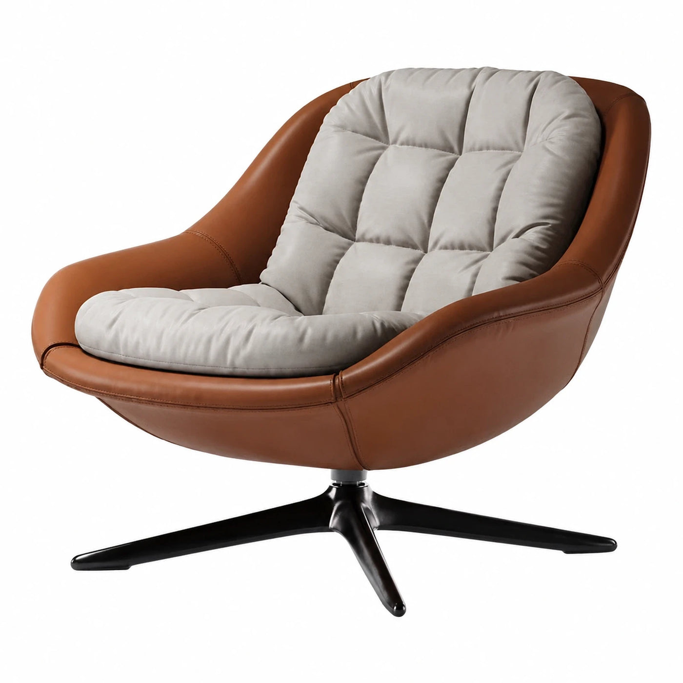Brown Leather Swivel Lounge Chair with Tufted Cushion