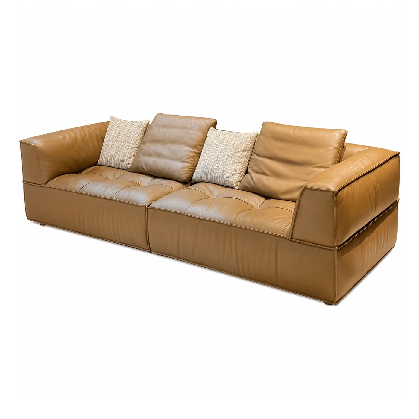 Tan Leather Modular Sofa with Tufted Cushions