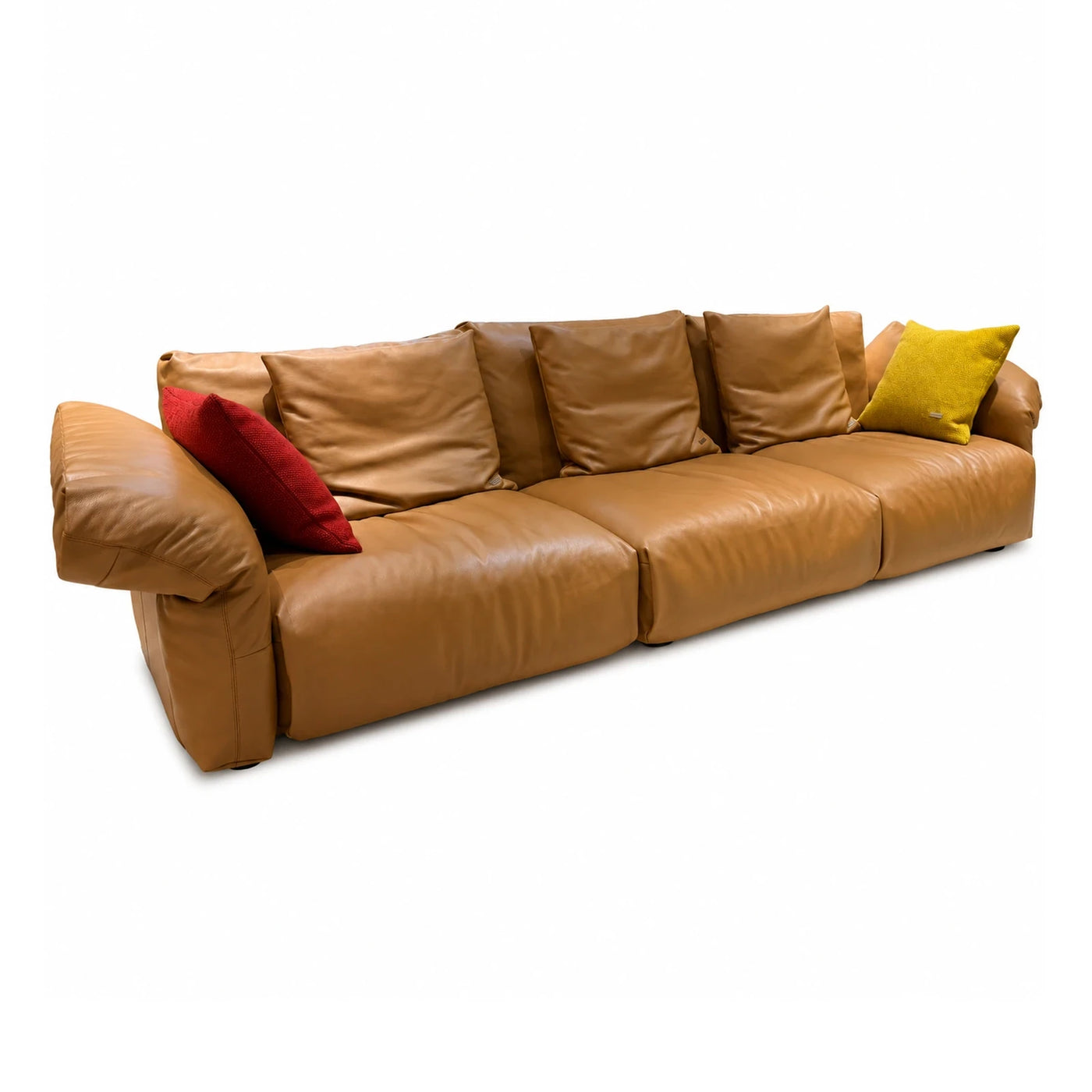 Brown Wide Plank Tan Leather Modular Sofa with Accent Pillows Sofas