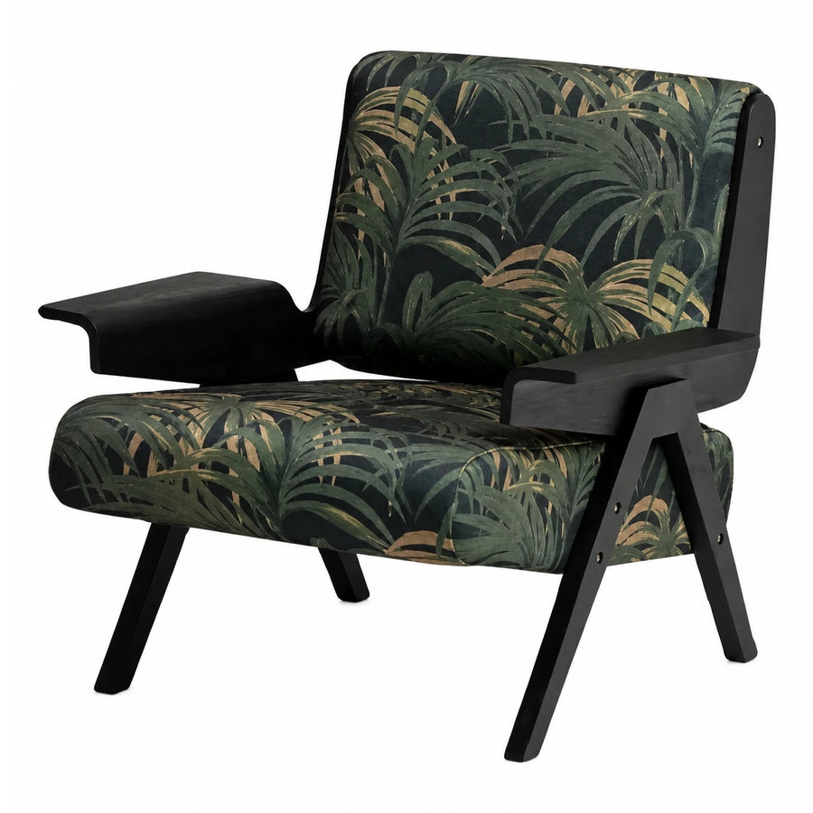 Tropical Leaf Print Fabric Armchair with Black Wood Frame