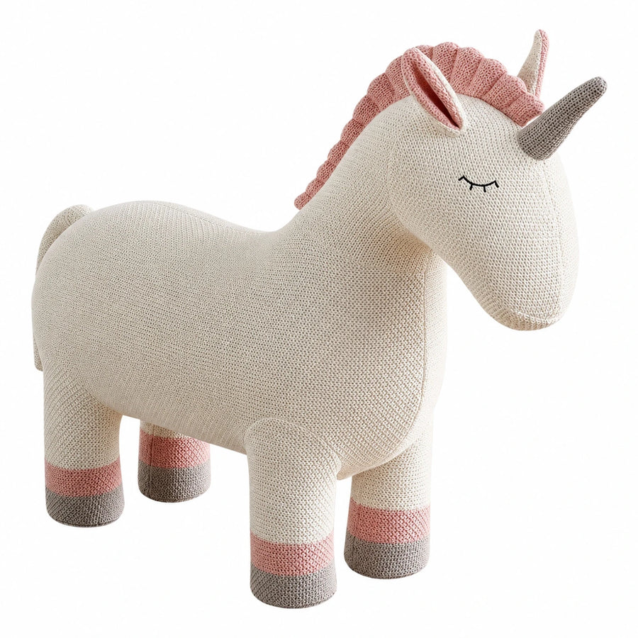 Knitted Unicorn Stool with Pink Mane and Grey Horn