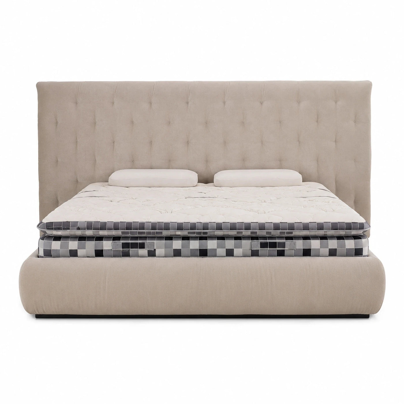 Beige Upholstered Platform Bed with Tufted Headboard