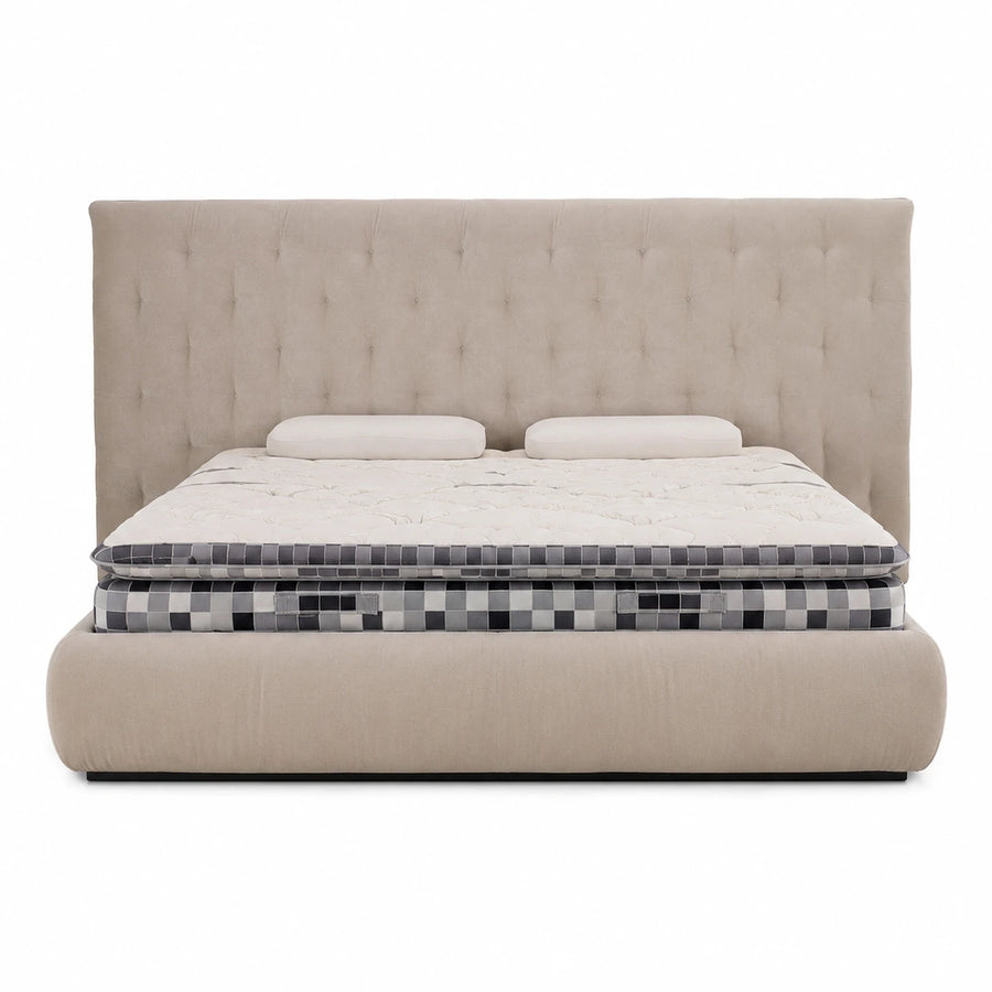 Beige Upholstered Platform Bed with Tufted Headboard