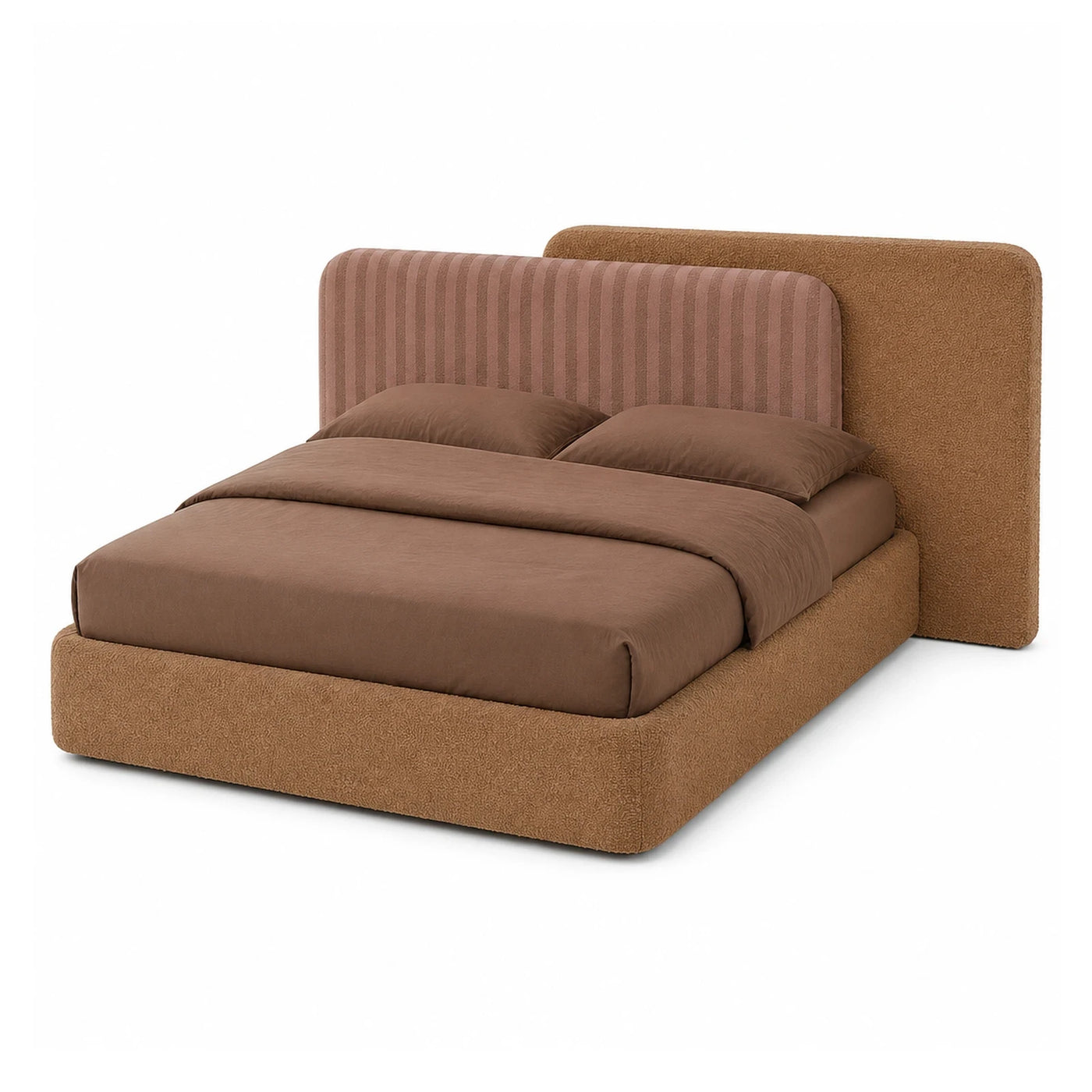 Brown Boucle Upholstered Platform Bed with Striped Headboard