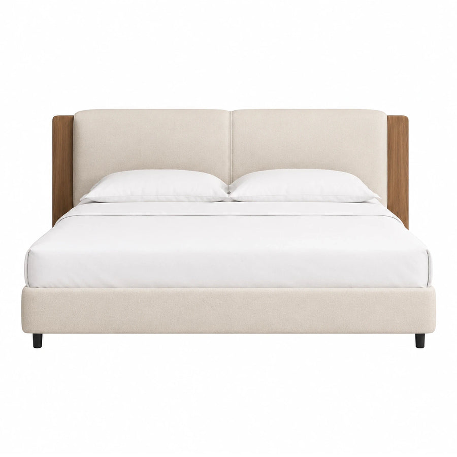 Beige Upholstered Bed with Wooden Headboard