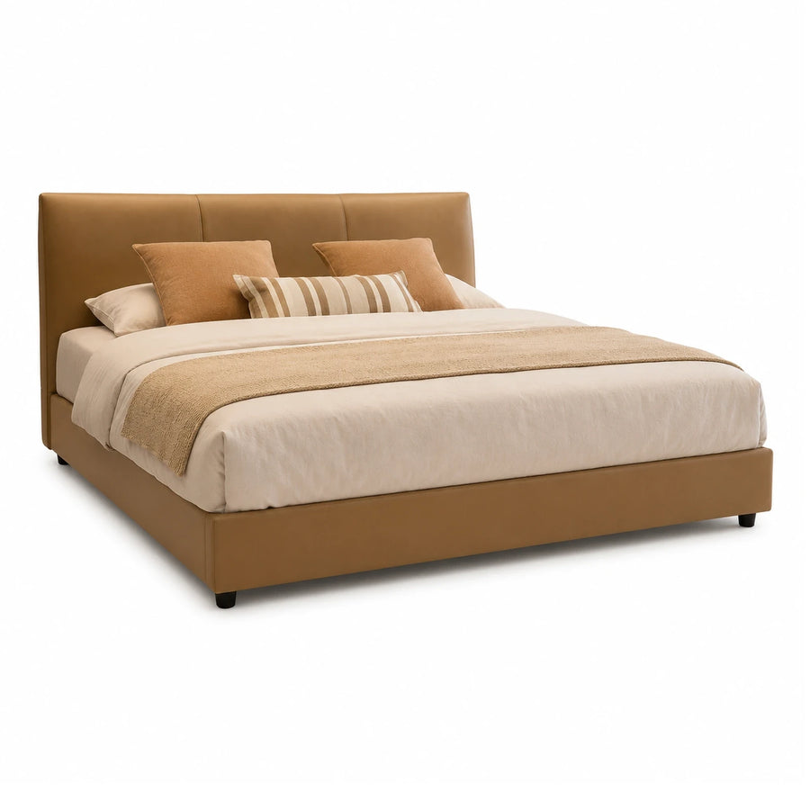 Brown Wide Plank Tan Leather Upholstered Platform Bed with Padded Headboard Beds & Headboards