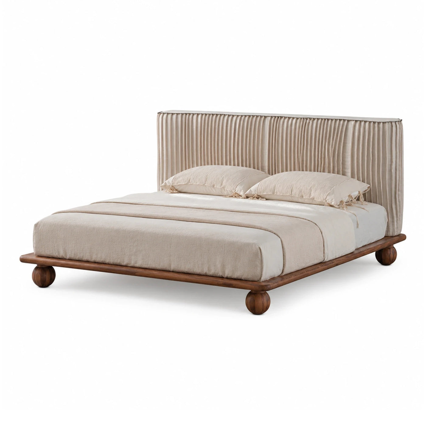 Beige Pleated Upholstered Bed with Wooden Base