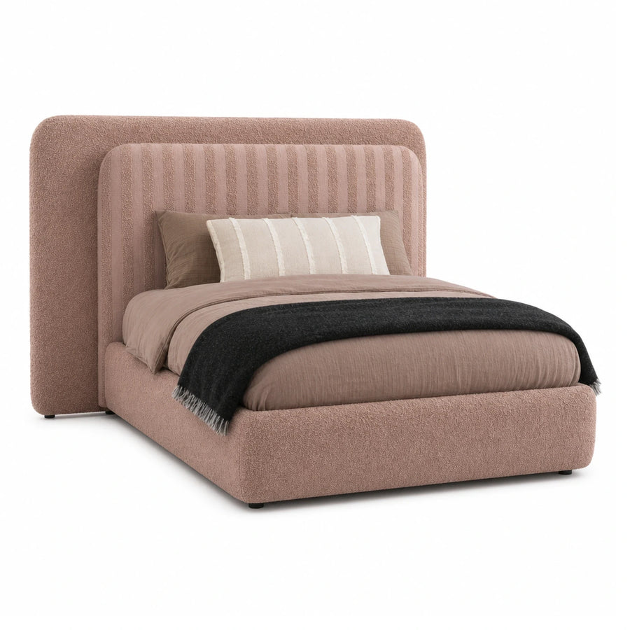 Pink Boucle Upholstered Bed with Striped Headboard