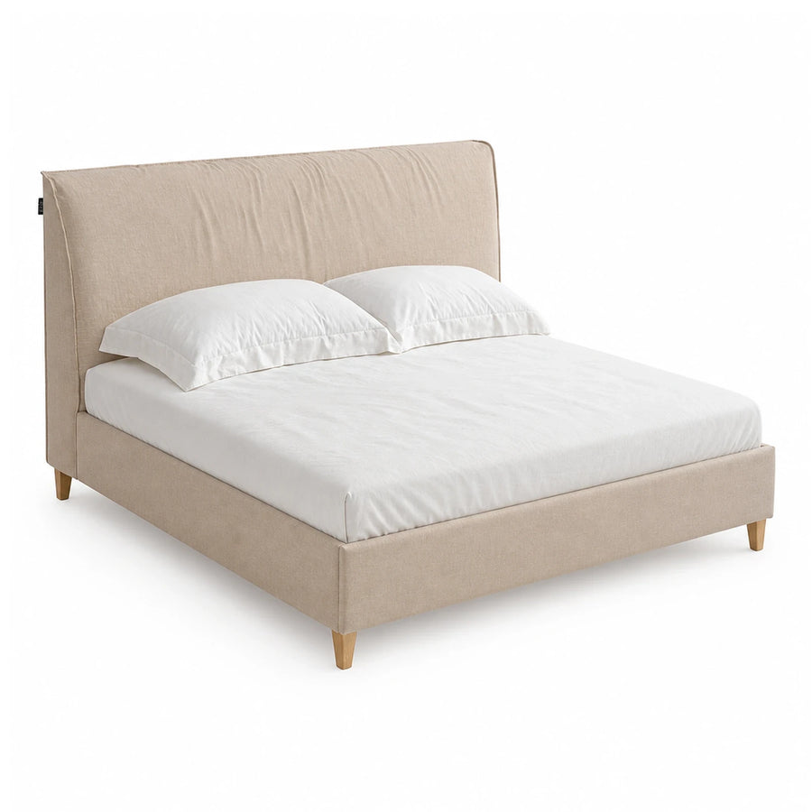 Beige Upholstered Platform Bed with Wooden Legs