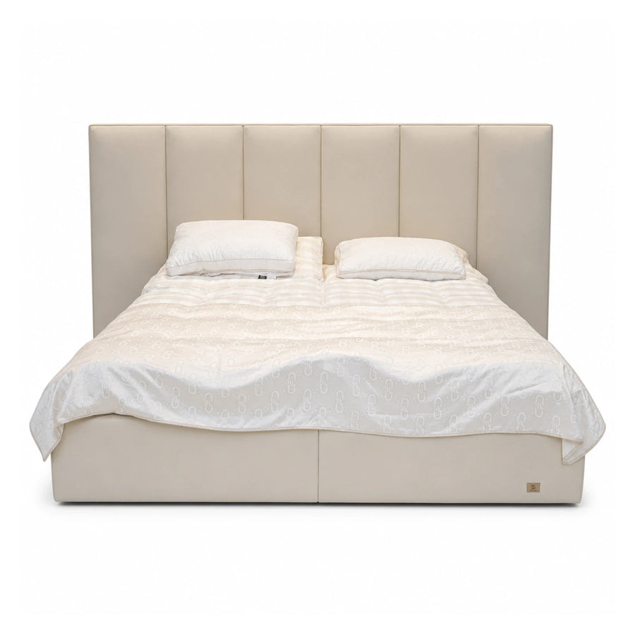 Beige Upholstered Platform Bed with Tall Headboard
