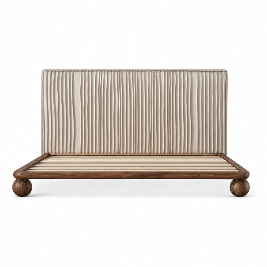 Beige Pleated Upholstered Bed with Walnut Wood Frame
