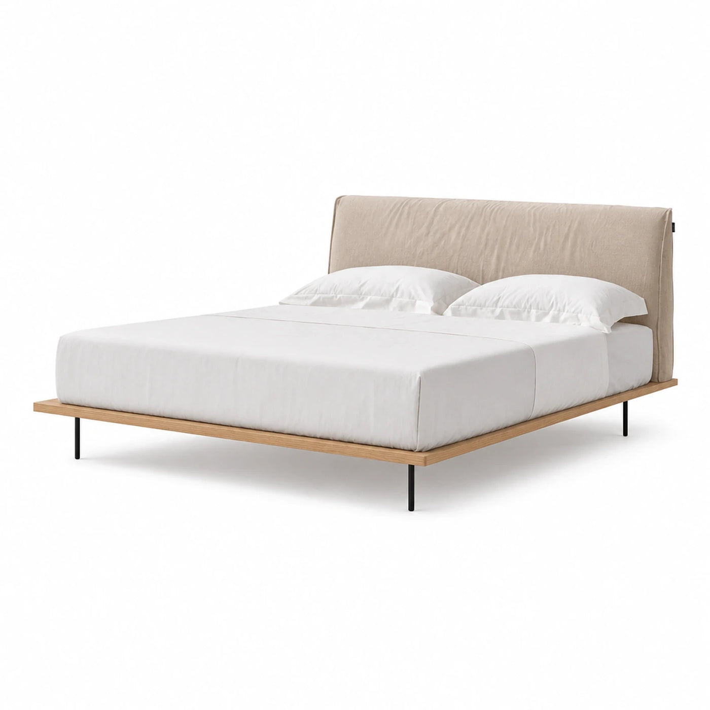 Fabric Linear Beige Upholstered Platform Bed with Wooden Base Beds & Headboards
