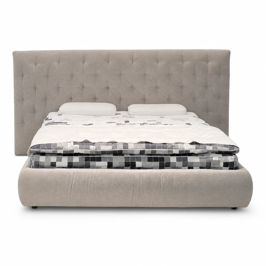 Beige Upholstered Platform Bed with Tufted Headboard