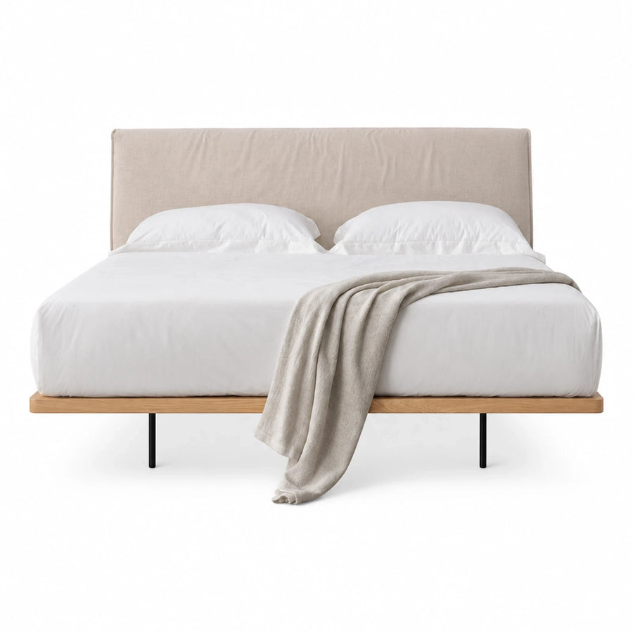 Fabric Wide Plank Beige Upholstered Platform Bed with Wooden Base Beds & Headboards