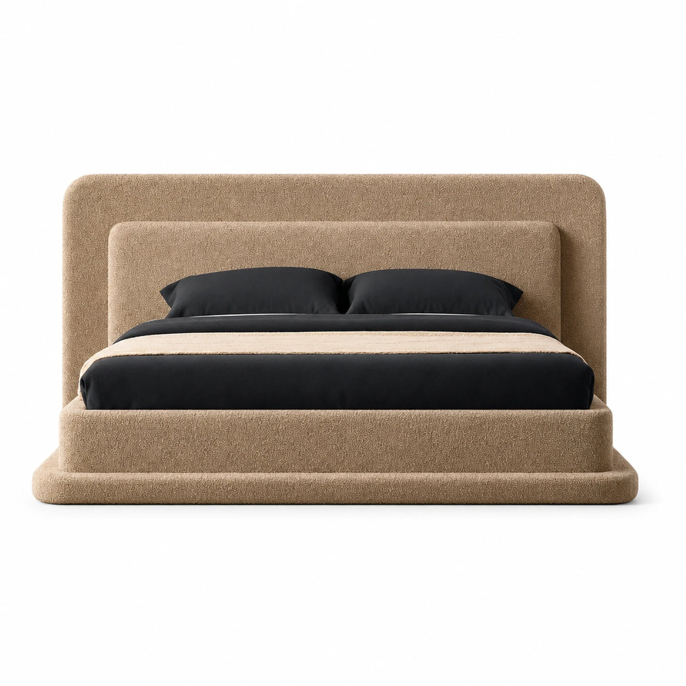 Beige Boucle Upholstered Platform Bed with High Headboard