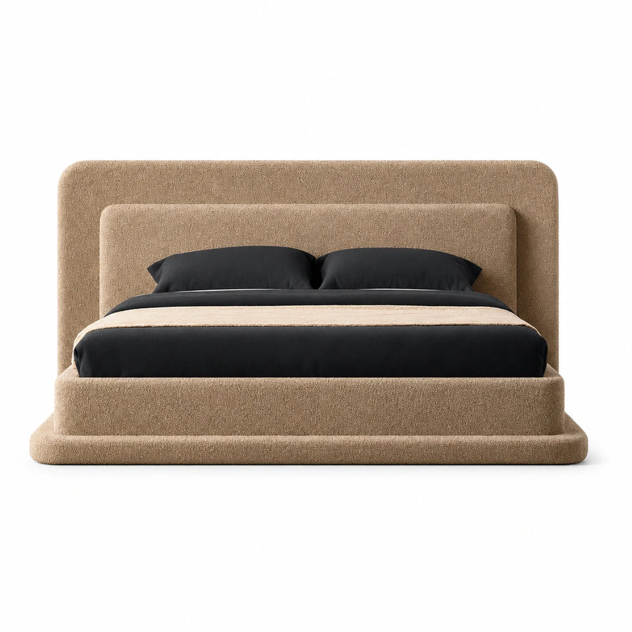 Beige Boucle Upholstered Platform Bed with High Headboard
