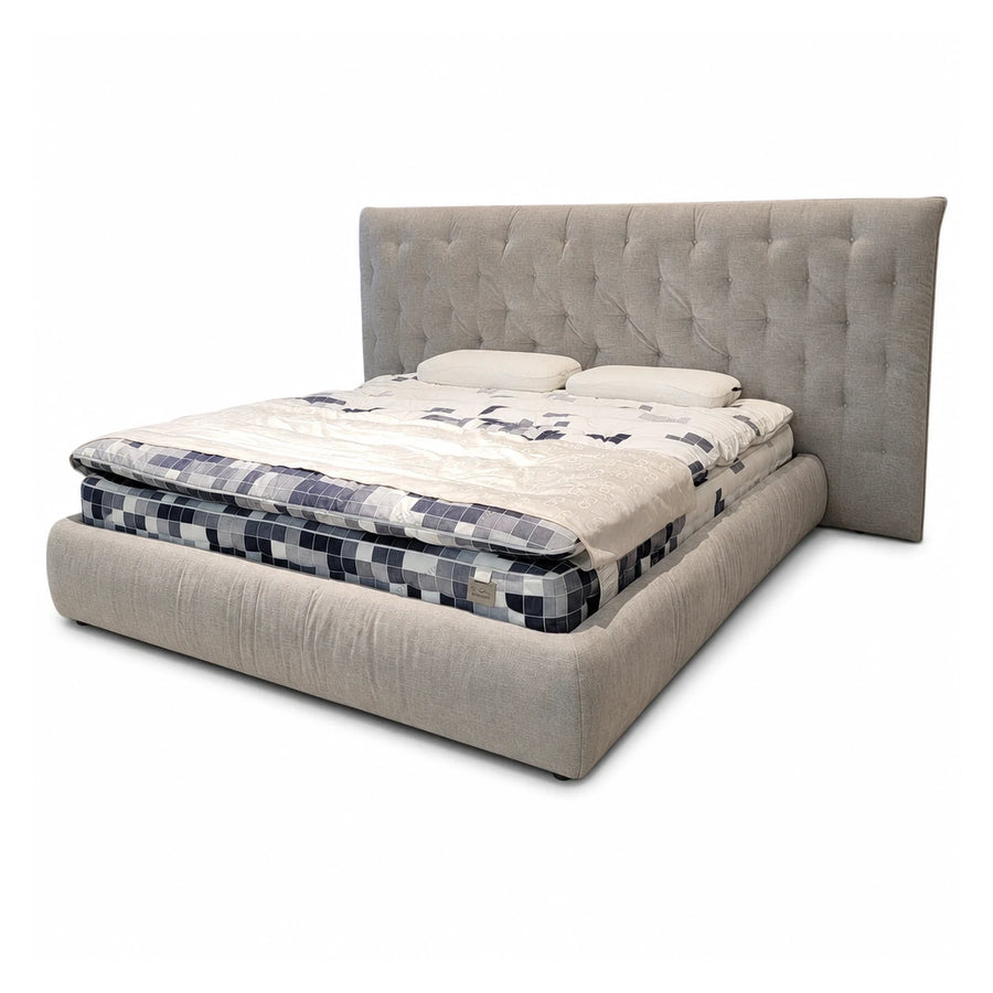 Beige Upholstered Platform Bed with Tufted Headboard