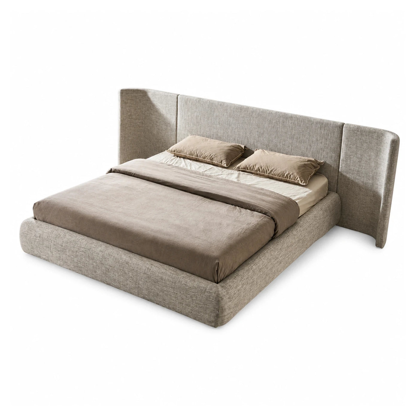 Beige Fabric Upholstered Platform Bed with Winged Headboard