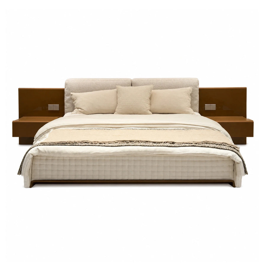 Modern Upholstered Bed with Integrated Wooden Nightstands